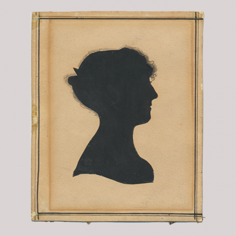 
        Front of silhouette, with woman looking right in painted square frame.